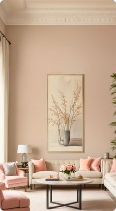 a living room with pink walls and furniture