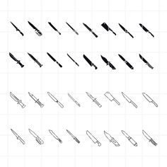 a set of different types of knives and forks, all in black on a white background