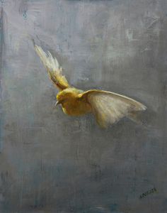 a painting of a yellow bird flying in the air with its wings spread wide open