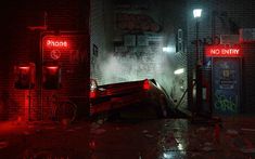 a red light shines on the side of a building in an alley at night