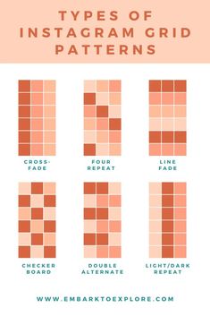 the different types of instagram grid patterns in orange and pink colors, with text overlay