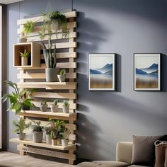 a living room filled with furniture and lots of potted plants on top of shelves