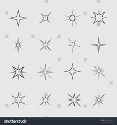 star shapes in black and white on a gray background, set of nine stars with different angles