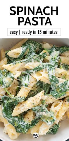 Top view of a bowl full of spinach pasta with grated  parmesan. Bowtie Spinach Pasta Recipes, 15 Minute Spinach Pasta, Easy Pasta With Spinach, Creamed Spinach Pasta Recipe, Quick Spinach Pasta, Noodles And Spinach Recipes, Sides With Spinach, One-pan Creamy Penne With Spinach And Italian Sausage, Parmesan Spinach Pasta