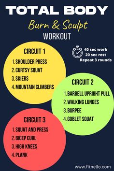 the total body burn and sculpt workout plan is shown with four circles in different colors