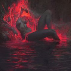 a painting of a woman floating in the water with red light coming from her body