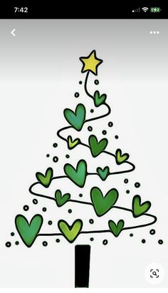 a drawing of a christmas tree with green hearts on the bottom and yellow stars above it