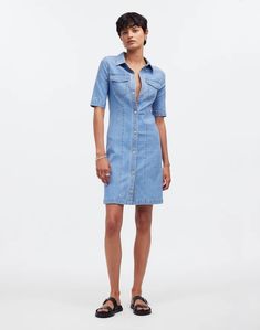 Denim Seamed Mini Shirtdress in Palermo Wash Denim Shirt Dress With Short Sleeves In Medium Wash, Trendy Short Sleeve Shirt Dress For Work, Fitted Short Sleeve Denim Dress, Medium Wash Short Sleeve Shirt Dress With Buttons, Medium Wash Short Sleeve Denim Dress, Fitted Collared Denim Dress For Work, Medium Wash Short Sleeve Denim Dress With Button Closure, Classic Fitted Denim Dress With Buttons, Fitted Denim Dress With Snap Buttons For Workwear