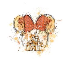 an image of a mouse ears with castle in the background and watercolor splashs