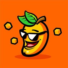 an orange with sunglasses and a green leaf on it's head is smiling at the camera