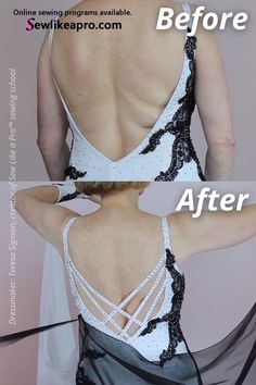 before and after photos of a woman's back with the same fabric as her dress