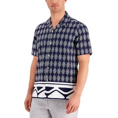 Energize Your Casual Look With This Shirt From Tasso Elba, In Comfy All-Cotton With A Stylish Geometric Print. Regular Fitspread Collarall Cottonmachine Washableimported Casual Navy Shirt For Vacation, Navy Casual Shirt With Camp Collar, Casual Navy Cotton Camp Shirt, Navy Relaxed Fit Camp Shirt, Navy Relaxed Fit Casual Camp Shirt, Navy Relaxed Fit Tops For Vacation, Designer Sportswear, Timberland Premium, Geometric Sleeve