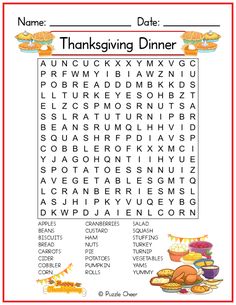 the thanksgiving dinner word search is shown in this printable worksheet for kids