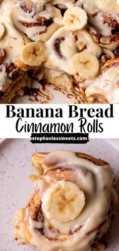 two pictures with bananas and cinnamon rolls on them