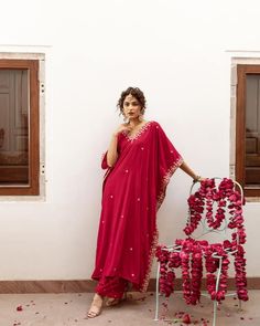 Red velvet silk kaftan with zardosi, marodi and gota patti hand embroidery. Comes with moti and cutdana work pant. - Aza Fashions Red Kaftan For Eid Traditional Ceremonies, Red Dabka Kaftan For Traditional Ceremonies, Red Palazzo Set With Dabka In Traditional Drape, Festive Kaftan With Gota Work In Traditional Drape, Red Kaftan With Zari Work For Wedding, Festive Gota Work Kaftan In Traditional Drape, Festive Gota Work Traditional Kaftan, Red Kaftan For Traditional Ceremonies, Red Silk Kaftan For Wedding