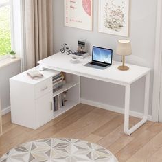 a laptop computer sitting on top of a white desk next to a book shelf and lamp