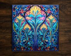 an art nouveau painting on wood with blue and yellow colors