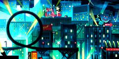 an animated image of a city at night with neon lights and buildings in the background