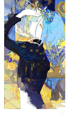 an abstract painting of a woman with blue hair