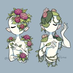 two women with flowers in their hair, one holding her hands out to the side