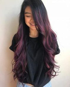 Hair Color Ideas For Long Hair, Purple Highlights On Black Hair, Dark Purple Highlights, Dark Purple Hair Color, Highlights On Black Hair, Dark Ombre Hair, Trendy We Fryzurach, Dark Purple Hair