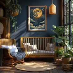 a baby's room with a rocking chair, crib and potted plants