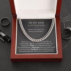 This To My Son Necklace is an ideal way to let him know how proud you are of him on his Wedding Day. This Gift for Son Necklace on his Wedding Day is a perfect gift for his Wedding Day. ✦ AT A GLANCE:This classic necklace comes packaged in a two toned box, or upgrade to the Mahogany Style Luxury Box, which features a brilliant LED spotlight. ✦ PRODUCT DETAILS:-Available in polished stainless steel or 14K yellow gold-Adjustable chain length: 18" - 22"-Chain width: 5 mm-Weight: 28.5 grams-Parrot c Dad Necklace, Back To University, Promise Necklace, Graduation Gifts For Him, Step Father, Father Birthday, Cuban Link Chain Necklaces, Step Daughter, Birthday Gifts For Husband