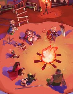 several cartoon characters sitting around a campfire in the middle of a circle with fire