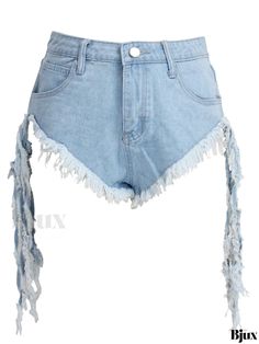 Bjux - Fringed Trim Denim Shorts with Washed Finish and Asymmetrical Frayed Hem - Womens Mid-Stretch Denim Shorts and Apparel Stretch Denim Shorts, Fabric Medium, Fringe Trim, Stretch Denim, Knit Fabric, Denim Shorts, Weaving, Solid Color, Trim