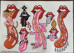 a drawing of various types of lips and tattoos on a piece of paper with writing underneath it