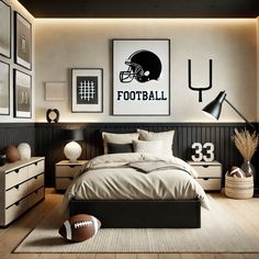 a bedroom with a football poster on the wall next to a bed and two nightstands