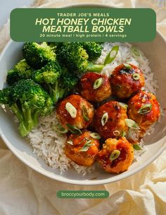 a bowl filled with meatballs and broccoli on top of rice next to a fork