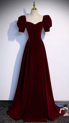 Red Gown For Wedding, Velvet Cloth Design, Evening Party Gowns Long Dresses, Short Sleeve Evening Gown, Velvet Dresses Ideas, Red Prom Dress Sleeves, Pretty Gowns Princesses, Christmas Party Outfits Dress, Cute Simple Dresses Classy