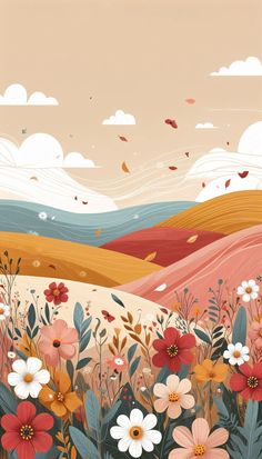 a painting of flowers in the middle of a field with hills and clouds behind it