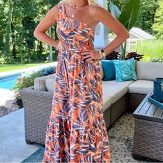 Nwt Bold Pattern Purple/Blue/Orange Side Pockets Comfortable Flowy Fabric For Warm Climates Fast Shipping Top Rated Seller Orange One-shoulder Beach Maxi Dress, Orange One-shoulder Maxi Dress For Beach, Casual Orange One-shoulder Dress, Orange One Shoulder Maxi Dress For Beach, Flowy Fabric, Tropical Dress, Summer Maxi, Dress First, Top Rated