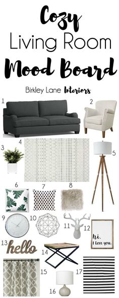 a living room mood board with black and white accents