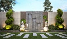 an artistic rendering of a garden with statues in the center and water feature on the wall