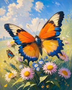 a painting of a butterfly sitting on top of flowers