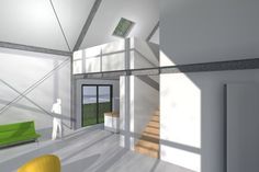 a room with white walls and green furniture