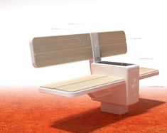 a white bench sitting on top of an orange floor