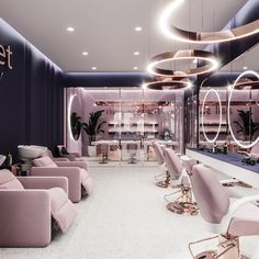 the interior of a salon with pink chairs