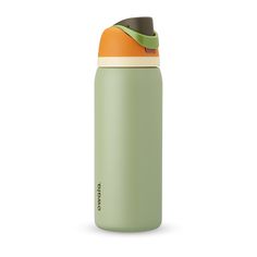 a green and orange insulated water bottle on a white background with the lid up