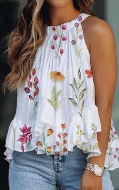 Split Sleeve Top, Sleeveless Tops Summer, Blouse Models, Casual Tank Tops, Outfit Casual, Sleeveless Tank Top, Look Chic, Summer Tops