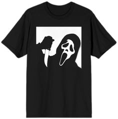 Horror Fan Merchandise T-shirt With Screen Print, Horror Graphic Print T-shirt For Fans, Black T-shirt For Halloween And Fan Conventions, Black Pop Culture T-shirt For Fan Events, Black Halloween T-shirt With Logo Print, Black T-shirt For Halloween Fan Conventions, Black Horror T-shirt For Streetwear, Black Graphic Tees, White And Black