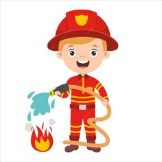 a cartoon fireman is using a hose to extinguise a fire