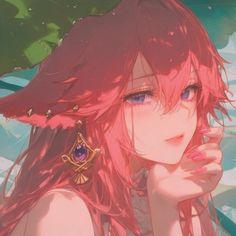 a girl with pink hair and blue eyes is looking at something in the distance while she's holding her hand up to her face