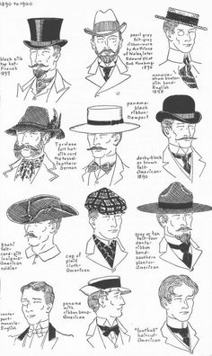 Men's Hat Fashions 1890s 1900 Fashion Mens, Late 1800s Mens Fashion, 1900s Mens Clothing, Mens Historical Hats, 19th Century Hats Men, Late 1800s Fashion, 1880s Menswear, 1870s Menswear, 1800s Mens Fashion