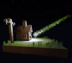 a small house in the middle of a field at night