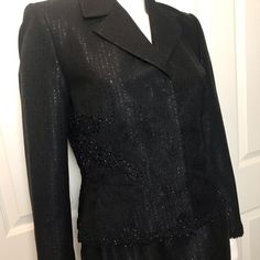 Albert Nipon Beaded Lace Skirt Suit Sz 6 Blazer Measurements: Shoulder Length 16” Sleeve Length 24” Bust 37” Waist Seam 32” Length From Center Back 22” Skirt Measurements: Waist 27.5” Hips 38” Length 19.75” 73% Wool 27% Nylon Preowned In Great Condition Tags: Valentino, St John, Vintage, Evening, Bridal, Mother Of The Bride Elegant Black Skirt Suit For Formal Occasions, Elegant Black Skirt Suit For Party, Elegant Fitted Black Skirt Suit, Black Long Sleeve Skirt Suit For Evening, Elegant Black Skirt Suit For Evening, Black Long Sleeve Skirt Suit For Party, Fitted Silk Skirt Suit For Evening, Black Fitted Skirt Suit For Night Out, Fitted Black Skirt Suit For Night Out