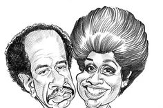 a caricature drawing of two people smiling